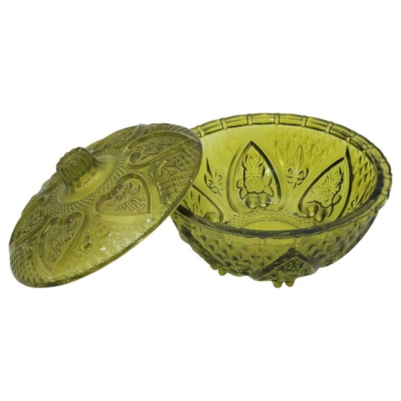 Green Depression Glass Lidded Candy Dish With Intricate Embossed Pattern - Picture 3 of 8